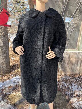 60s Zeiss Black Curly Lamb Astrakhan Persian Fur Coat Full Length with Peter Pan